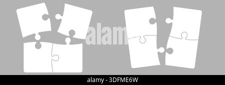 Due puzzle minimali con quattro pezzi quadrati disposti come blocchi parzialmente collegati, illustrazioni pulite che rappresentano il lavoro di squadra aziendale Illustrazione Vettoriale
