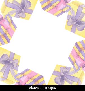 Cornice quadrata di scatole regalo. Illustrazione fatta a mano della confezione regalo. Per tessuti, carta da imballaggio, biglietti d'auguri, design, decorazione e illustrazione. Foto Stock