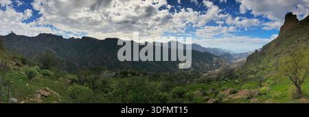 Panorama panoramico di una lussureggiante valle verde circondata da montagne e un cielo spettacolare. Foto Stock