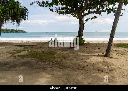 Vista della tranquilla spiaggia con le dolci onde dell'oceano, gli alberi lussureggianti che forniscono ombra e figure lontane che si godono la vista serena di Wewak, Est Foto Stock