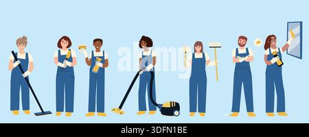 Pulire i lavoratori con gli strumenti per i compiti. Illustrazione vettoriale in stile piatto. Uomini e donne che puliscono il personale dell'azienda. Illustrazione Vettoriale