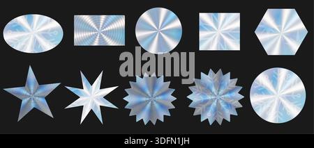 Set di etichette ologrammi con spazio vuoto per il testo. Illustrazione vettoriale. Adesivi olografici, texture argento per sfondi scontati, elementi. Forme diverse con texture olografica. Illustrazione Vettoriale