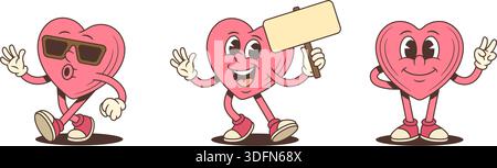 Serie di mascotte retro-cuori. Un personaggio cartoni animati in diverse pose: Con gli occhiali da sole, con un cartello bianco e un segno di pace. Illustrazione Vettoriale