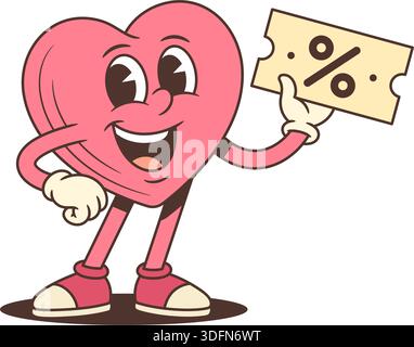 Mascotte retro Cartoon Heart con un buono sconto. Divertente illustrazione vettoriale per le vendite e San Valentino. Arte in stile comico vintage con Illustrazione Vettoriale