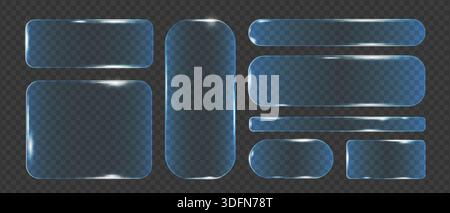 Collezione di cornici in vetro neon con elementi geometrici luminescenti, set di cornici ed elementi UI UX di design nello stile del vetro liquido. Rettangolare Illustrazione Vettoriale