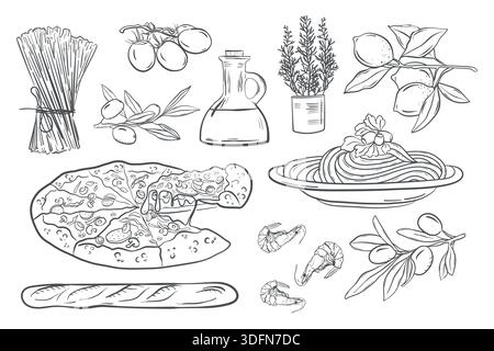 Set di spaghetti per la cucina italiana, collezione di prodotti mediterranei in stile trafilato a mano, pizza e pasta italiana con gamberetti set di formaggi e vino Illustrazione Vettoriale