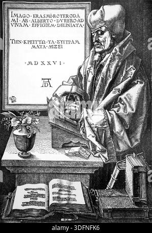Incisione di desiderio Erasmo (1466-1536) Umanista olandese e teologo cristiano figura importante che influenzò sia la R protestante che quella cattolica Foto Stock