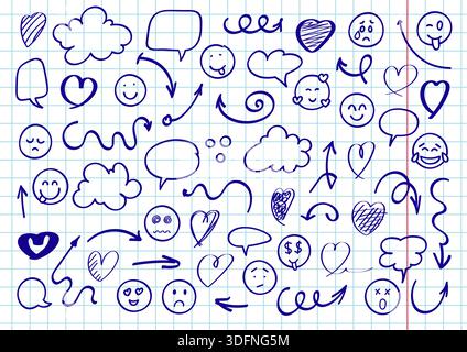 Disegni semplici per bambini di Doodles disegnati a mano con marcatore su carta grafica in Vector EPS Illustrazione Vettoriale