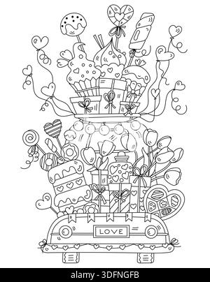 Auto di San Valentino piena di regali dolci e pagina da colorare Illustrazione Vettoriale