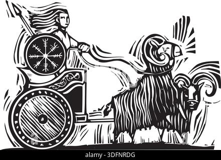 Xilografia immagine di stile dei norreni Dea Frigg o Frigga in sella a un carro trainato da capre. Illustrazione Vettoriale