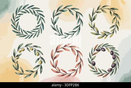 Corone artistiche di ramoscelli d'oliva ad acquerello con olive verdi e nere con foglie autunnali, splendidamente disposte come elementi decorativi. Illustrazione Vettoriale