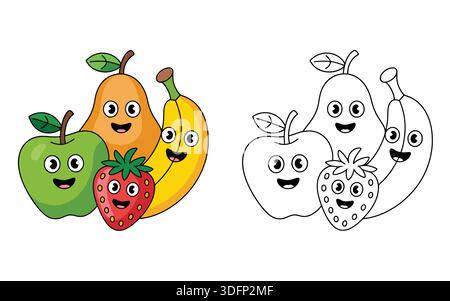 Allegri frutti di cartoni animati (mela, pera, fragola, banana) presentati in un'illustrazione digitale colorata e in una pagina di colori in bianco e nero. Illustrazione Vettoriale