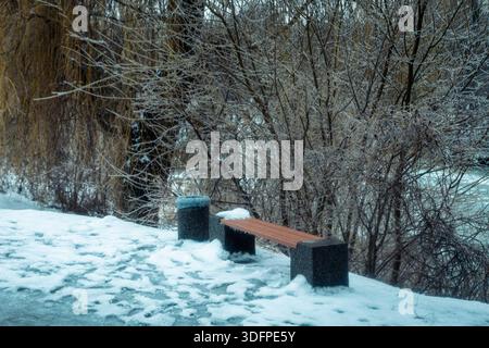 Un ambiente tranquillo in un parco invernale: Una panchina coperta di neve offre un tranquillo luogo di riposo tra alberi maestosi, pesantemente carichi di neve scintillante e di Foto Stock