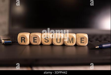 RIPRENDONO LE lettere scritte su cubi di legno, molti cubi vuoti sfocati intorno come simbolo per altri candidati, concetto di candidatura per la carriera aziendale, Foto Stock