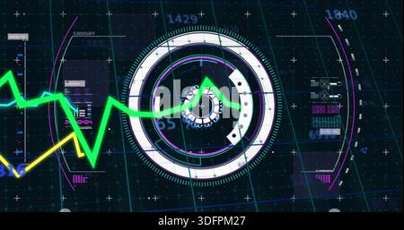 Visualizzazione di un grande mozzo circolare concentrico che ruota sull'HUD sullo schermo, visualizzazione della forma d'onda al neon 1429 1840 65 Foto Stock