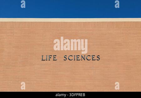 Insegna del reparto Life Sciences su un muro dell'edificio in mattoni del college con spazio per le copie Foto Stock