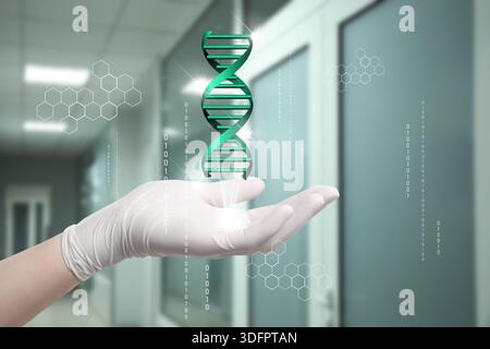 Doppia elica di DNA virtuale nella mano del medico in clinica o laboratorio, primo piano Foto Stock