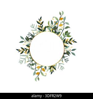 Corona floreale composta da piccoli fiori colorati e foglie su sfondo bianco Illustrazione Vettoriale