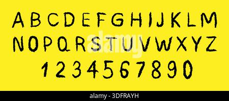 Alfabeto inglese. Calligrafia per bambini con texture pastello e gesso per un font giocoso o per lo studio scolastico e l'apprendimento dell'asilo con lettere divertenti Illustrazione Vettoriale
