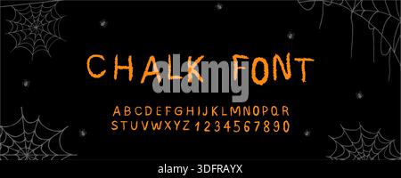 Pastello dell'alfabeto inglese. Carattere arancione con gesso spaventoso e texture effetto angosciato. Design divertente per inviti in classe e feste. Composizione di Halloween Illustrazione Vettoriale