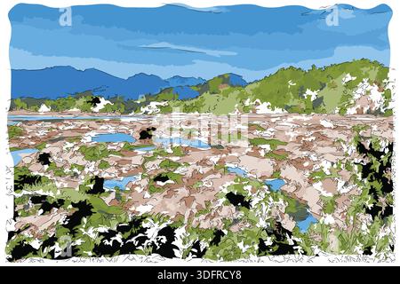 Pittura impressionista in stile schizzo, rocce nel mezzo del fiume, immagine vettoriale di illustrazione digitale Illustrazione Vettoriale