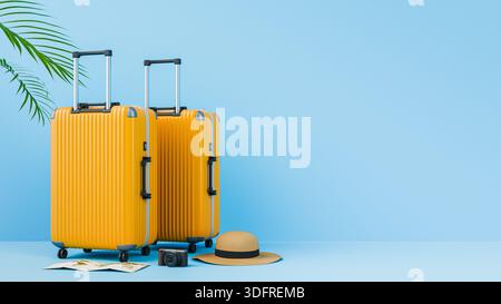 Valigie gialle accessori da viaggio sfondo blu spazio per copie. rendering 3d. Foto Stock