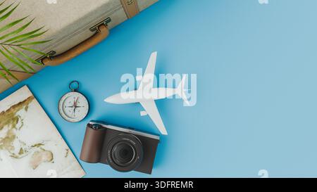 Bussola piatta da viaggio fotocamera aeroplano spazio copia sfondo blu. rendering 3d. Foto Stock