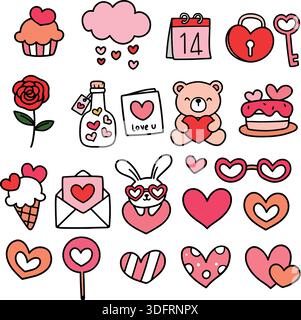 Set Clipart di cute Love Doodle, cuori di San Valentino ed elementi romantici icone romantiche di San Valentino Doodle, set di adesivi e simboli carini Illustrazione Vettoriale