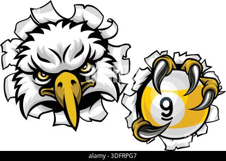 Mascotte con cartoni animati Eagle e 9 Ball Nine Ball Pool Illustrazione Vettoriale
