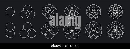 Set di cerchi intersecanti. Diagramma Venn circolare con quattro, cinque e sei parti. Icona della linea del grafico infografico. 2,3,4 diagramma degli elementi di bilanciamento della sovrapposizione Illustrazione Vettoriale