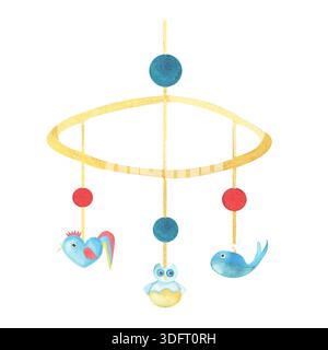 Culla per bambini acquerello Mobile con simpatiche balene, galletto e gufo. Illustrazione disegnata a mano nei colori blu pastello del giocattolo per bambini. Per biglietti d'auguri Foto Stock