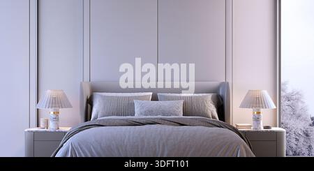 Camera da letto moderna e lussuosa con interni con lampada da tavolo. Rendering 3d. Foto Stock