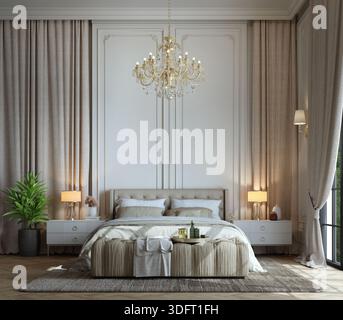 Interni delle camere da letto in stile classico moderno con lampadario e lampada. rendering 3d. Foto Stock