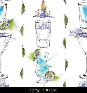 Cocktail ciano, turchese e lavanda, limonata elettrica e shot, accenti di agrumi oliva, fiamme blu alcoliche. Inchiostro e motivo ad acquerello senza cuciture Foto Stock