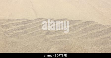 Vento creando motivi ondulati in sabbia beige chiara, mostrando consistenza e linee astratte Foto Stock