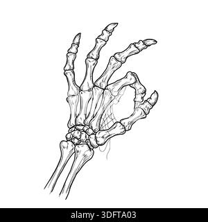 La mano dello scheletro mostra il segno OK, uno schizzo in bianco e nero. Illustrazione vettoriale. Le dita ossee dell'uomo morto sono isolate su sfondo bianco. Per vari oc Illustrazione Vettoriale