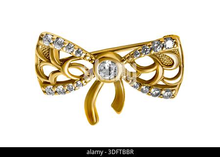 Spilla a forma di arco dorato con cristalli isolati su sfondo bianco Foto Stock