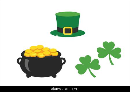 Semplice illustrazione dei simboli del giorno di San Patrizio, tra cui un vaso d'oro, un cappello di leprecaun e delle rocce su un pulito sfondo bianco. Illustrazione vettoriale Illustrazione Vettoriale