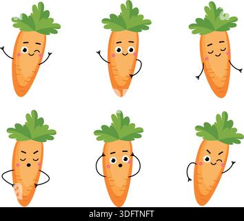 Personaggi di carota Kawaii con diverse espressioni facciali e divertenti volti emoji Illustrazione Vettoriale