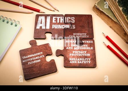 Principi etici DELL'INTELLIGENZA ARTIFICIALE illustrati attraverso un concetto di puzzle in legno su uno spazio di lavoro Foto Stock
