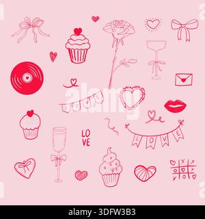 Ambientazione stravagante, cuori minuscoli, rose, elementi di schizzo d'amore, graziosi cuori romantici piccoli rossi disegnati a mano su sfondo rosa. Semplice festa di San Valentino Illustrazione vettoriale Illustrazione Vettoriale
