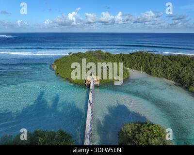 Veduta aerea di un molo di legno che si estende verso una lussureggiante isola verde circondata dalle acque turchesi, Thulusdhoo, l'atollo di Kaafu, Maldive. Foto Stock