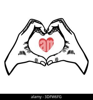 Due mani a forma di cuore con un piccolo cuore rosso al centro disegnato a mano Illustrazione Vettoriale