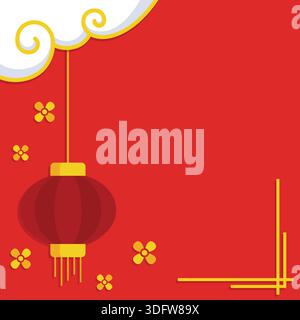 Sfondo rosso Capodanno lunare con spazio per le copie per testo con lanterne sospese, fiori stilizzati e nuvole ideale per eventi culturali. Illustrazione Vettoriale