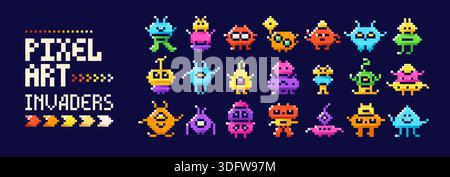 Invasori di caratteri di colore pixel art. immagini di gioco a 8 bit di mostri. Con simpatici alieni. Illustrazione Vettoriale