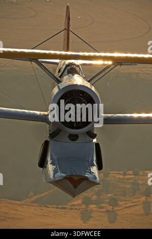 L'immagine mostra un Grumman J-2F-6 Duck Warbird che vola in una fotografia aria-aria con una visuale chiara del cockpit e del pilota. Il J-2F-6 Duck è un biplano anfibio monomotore a due posti sviluppato per la United States Navy e la Guardia Costiera alla fine degli anni '1930 È alimentato da un motore Wright R-1820 Cyclone a pistoni radiali a nove cilindri che aziona un'elica a passo fisso. Questo velivolo restaurato ha la registrazione civile N3960C, numero di serie 33559, ed è operato come parte della Erickson Airshow Collection. Il Duck è stato utilizzato per servizi di utilità, salvataggio, osservazione e trasporto. operazioni Foto Stock