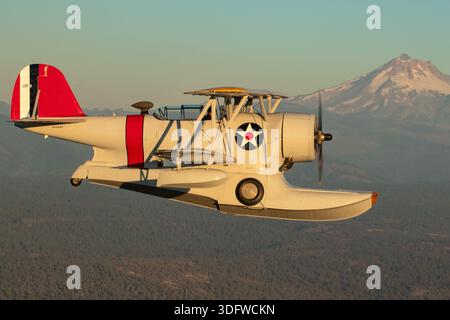L'immagine mostra un biplano anfibio Grumman J-2F-6 Duck in volo, visto da vicino da una prospettiva aria-aria con il pilota visibile nella cabina di pilotaggio aperta. Questo aeromobile ha la registrazione civile N3960C e il numero di costruzione 33559. Il J-2F-6 Duck fu costruito dalla Grumman come biplano monomotore a due vani con carrello di atterraggio retrattile per le operazioni di terra e di acqua. È alimentato da un motore radiale Wright R-1820 Cyclone a nove cilindri raffreddato ad aria. Questo Warbird restaurato è gestito come parte della Erickson Airshow Collection e rappresenta una configurazione Duck di produzione tardiva. Foto Stock