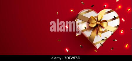 Elegante confezione regalo cuore con fiocco dorato su sfondo rosso, adornata da coriandoli scintillanti. Illustrazione vettoriale. Illustrazione Vettoriale