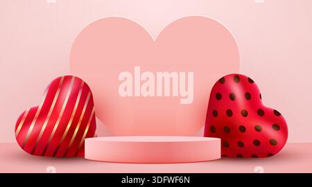 Podio 3D per San Valentino con cuori decorativi e sfondo rosa, perfetto per l'esposizione di prodotti o promozioni romantiche. Illustrazione vettoriale Illustrazione Vettoriale