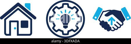 Tre icone che illustrano una casa, l'innovazione e la partnership. Ideale per il lavoro, la casa e il lavoro di squadra. Illustrazione Vettoriale